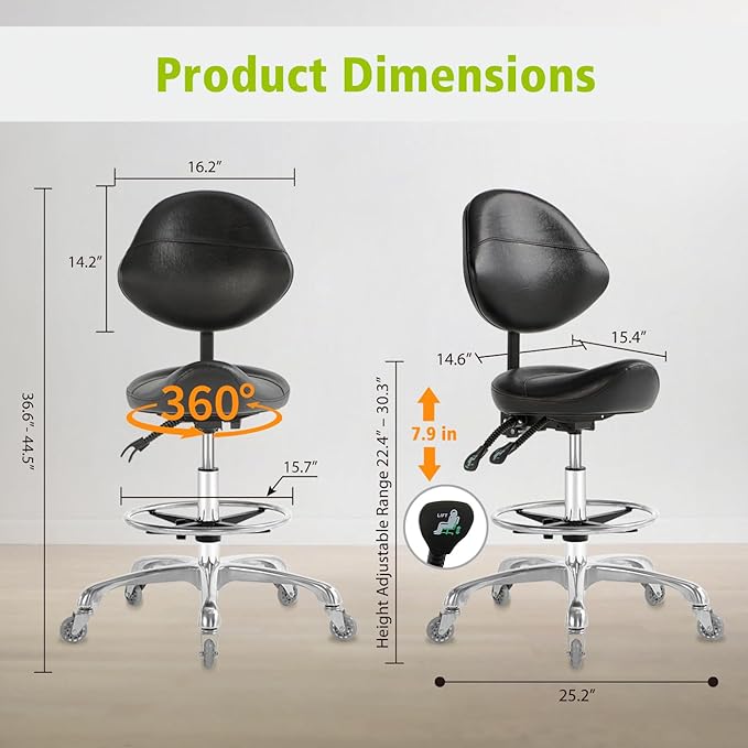 Saddle Stool Chair with Wheels,Ergonomic Swivel Rolling Height Adjustable for Salon Beauty Clinic Dentist Tattoo Home Office