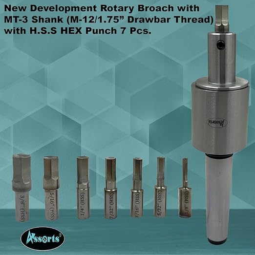 ASSORTS Precision Rotary Broach Holder with MT3 Shank (M12 x 1.75 Drawbar) – Includes 7-Piece HSS Hex Punch Set for CNC, Lathe, Milling & Drilling Machines