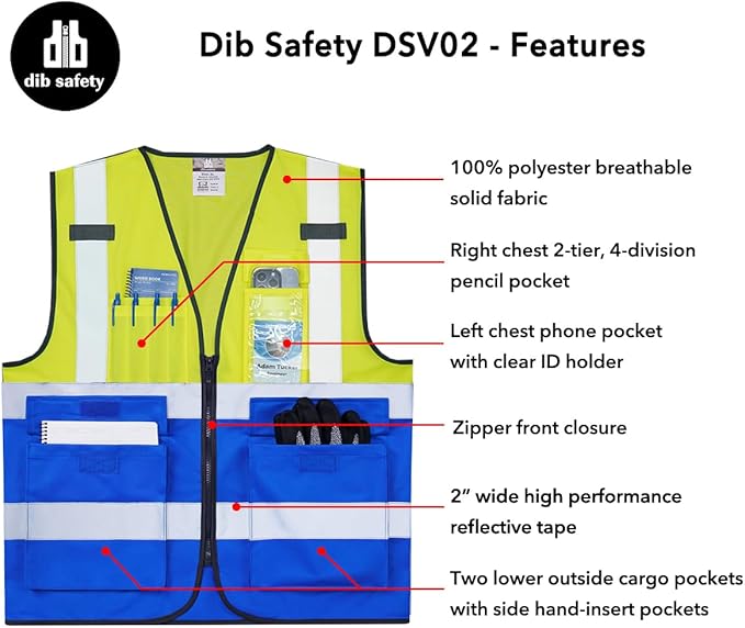 Dib Safety Reflective Vest High Visibility with Pockets and Zipper, Yellow and Blue S