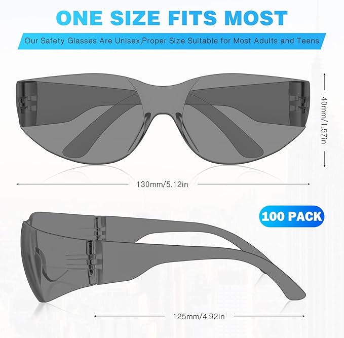 WFEANG Clear Safety Glasses 100 Pair Protective Eyewear for Men Women, ANSI Z87.1 Scratch & Impact Resistant Eye Protection for Work, Lab, Construction (Grey-100pack)