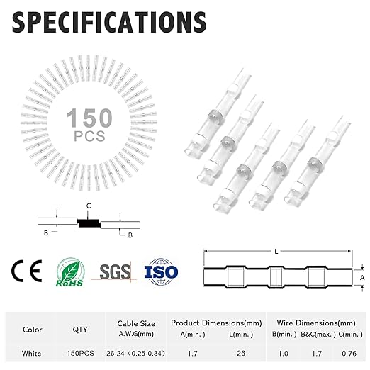 Kuject 150PCS Solder Seal Wire Connectors AWG 26-24, White Solder Seal Heat Shrink Butt Connectors Terminals Sleeve Waterproof Wire Splice Connector for Marine Boat Wire Joint