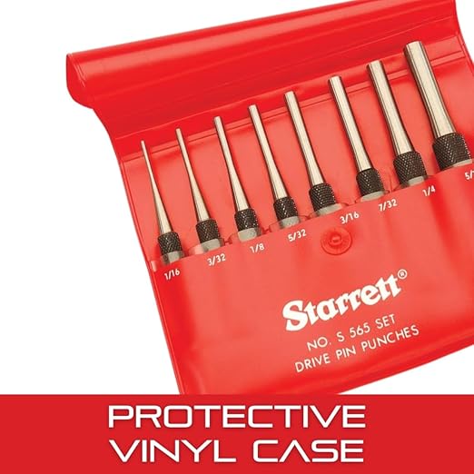Starrett Drive Pin Punch Set with Knurled Grip and Protective Vinyl Case - 4" Length, 1/16", 3/32", 1/8", 5/32", 3/16", 7/32", 1/4", 5/16" Punch Diameter - Set of 8 - S565PC