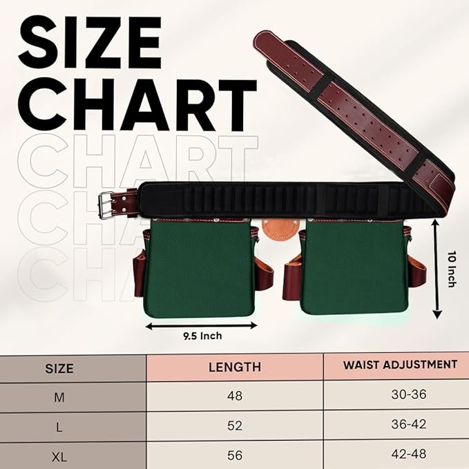 FUERI Tool Belt Men Heavy Duty 26 Pocket Tools Bags Pouches Holder Organizer for Carpenter Construction Electrician Framer Nylon Leather (Maroon & Green Tool Belt Suspender, Extra Large 42" - 48")