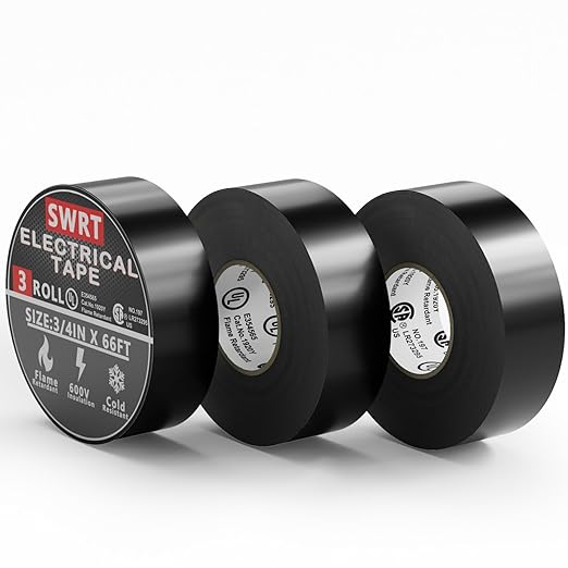 SWRT 0.75 in x 66 FT UL/CSA Listed Black Electrical Tape 7 mils -600V, 3 Pack Electric Tape Flame Retardant, Strong Adhesive, for Home DIY Electrical Repairs Professional Installations