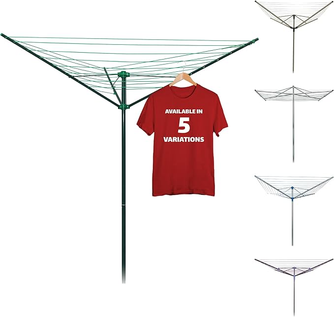 91 FT Umbrella Clothesline Outdoor - Clothes Line Outdoors Green Painted Steel Frame with Ground Socket - Clotheslines for Outside Laundry Drying, Washing Line for Hanging Clothes, Sheets etc