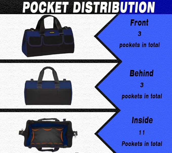 22 Inch Heavy Duty Tools Bag With Wide Mouth for Tool Storage, Carrier and Organizer, Tool Bag for Men/Women, Wide Mouth Tote Bag With Inside Pockets (22 Inch)
