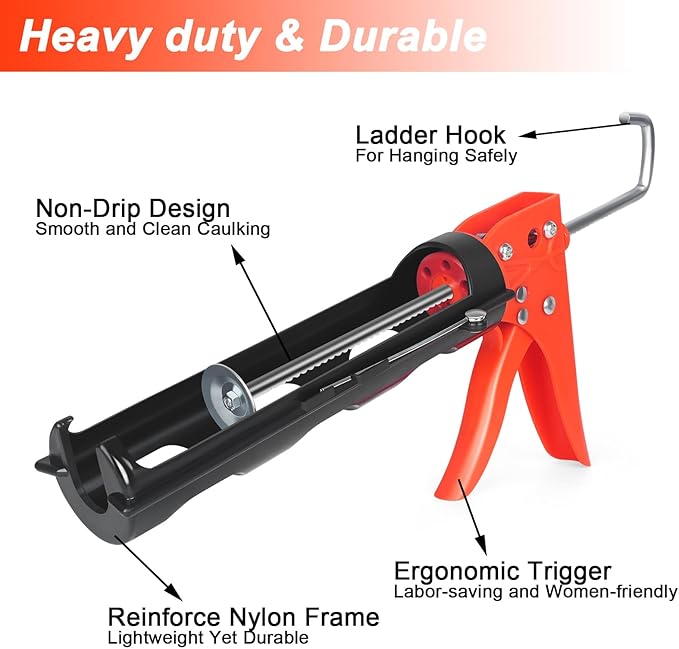 Caulk Gun, No Drip Silicone Caulking Gun,Hand Caulking Gun with Comfort Grip and 360° Rotary Design, 15:1 Thrust Ratio Caulk Guns, Smooth Round Rod for 10oz Caulk Tubes, Ideal for Tiles, Window Joints
