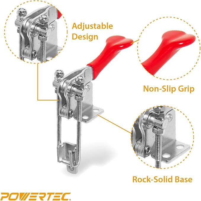 POWERTEC 2PK Toggle Clamp, 1000 lbs Holding Capacity, 334 Adjustable 90 Degree Vertical U Bolt Latch w/Antislip Hand Grip for Woodworking Jigs & Fixtures, Smoker, Tire Carrier, Cabinet (20309-P2)