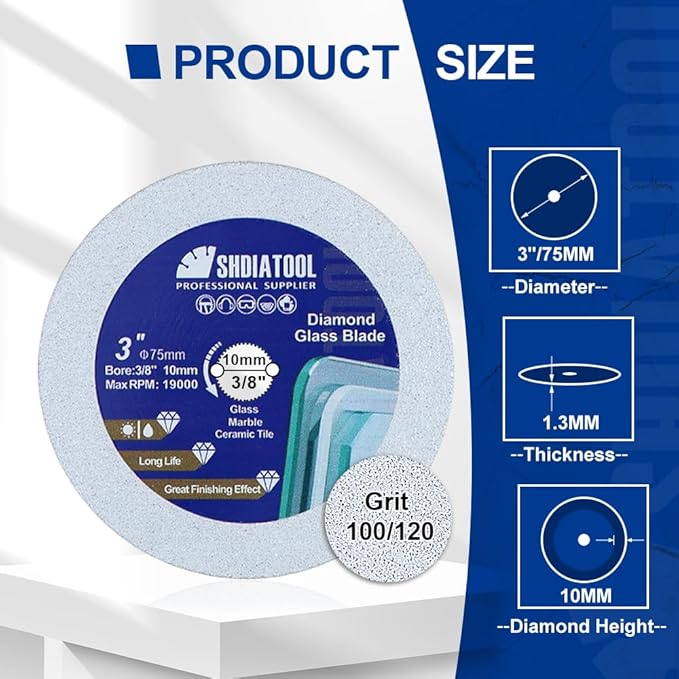 SHDIATOOL Diamond Glass Cutting Disc 3-Inch Saw Blade, Ultra-Thin Cut Off Wheel for Tile Ceramic Porcelain Marble 75mm