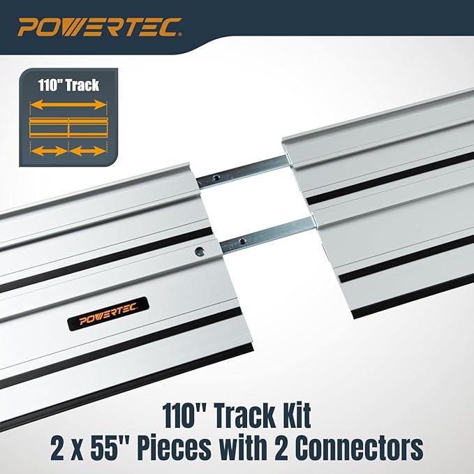 POWERTEC 110" Track Saw Guide Rail Joining Set for Ridgid Track Saws, Include 2x55" Extruded Aluminum Guide Rail and 2 Rail Extension Connectors Perfect for Repeatable Rip Cuts & Crosscuts (71989)