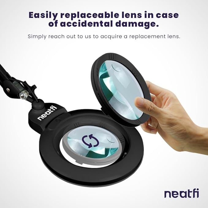 Neatfi XL Bifocal LED Magnifying Lamp, 7-Inch Acrylic Lens, 5D/20D Magnification, Hands-Free, Dimmable, 84 SMD LEDs, Adjustable Arm for Crafts, Reading, Close Work (Black, CCT with Clamp)