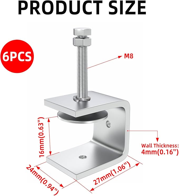 7/8 Inch Stainless Steel Heavy-Duty Clamp, Stainless Steel C-Shaped Clamp with 0.63-inch Opening, Suitable for Woodworking Bonding, Cutting and Installation. 4pcs
