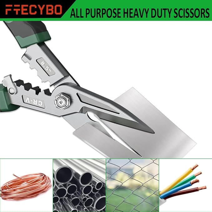 Heavy Duty Industrial Scissors 8.5'', Utility Sharp Aviation Tin Snips, Finely Serrated CR-V Blades with Safety Lock, for Cutting Wires, Cardboard, Plastic, Carpet, Metal Sheet