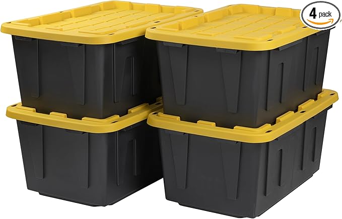 CX BLACK & YELLOW, 27-Gallon Heavy Duty Tough Storage Container & Snap-Tight Lid, (14.3"H x 20.6"W x 30.6"D), Weather-Resistant Design and Stackable Organization Tote [4 Pack]