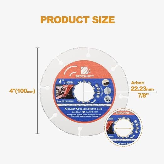 Carbide Multi Wheel,BRSCHNITT 10pcs 4 Inch (100mm) with Arbor 7/8"-5/8" Tungsten Carbide Cut Off Wheel for Wood,Laminate,Gypsum Board,Plastic for Angle Grinder Cutting Disc