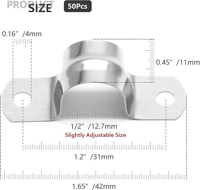 50Pcs 15/32 Inch(0.47 inch) Stainless Steel Conduit Clamps, Two Hole Strap U Bracket Rigid Pipe Strap Metal U Clamp Conduit Strap Tension Clips U-tube Clamp Heavy Duty