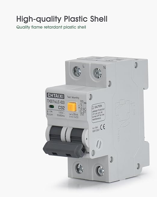 Ground Fault Circuit Breaker, 16 Amp 120V AC DIN Rail Mount Residual Current Circuit Breaker, Thermal-Magnetic Trip, Earth-Leakage Protection 30mA 1PN RCBO C16