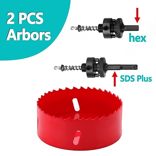 3.5 inch / 89mm Hole Saw with 1 pc SDS Plus Arbor and 1 pc Hex Shank Arbor, HSS Bi-Metal Hole Drilling Cutter for Wood Boards Plastic and Thin Metal (3.5 inch / 89mm)