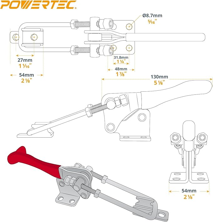 POWERTEC 1PK Toggle Clamp, 1980 lbs Holding Capacity, 40344 Adjustable 90 Degree Vertical U Bolt Latch w/Antislip Hand Grip for Woodworking Jigs & Fixtures, Smoker, Tire Carrier, Tool Box (20324)