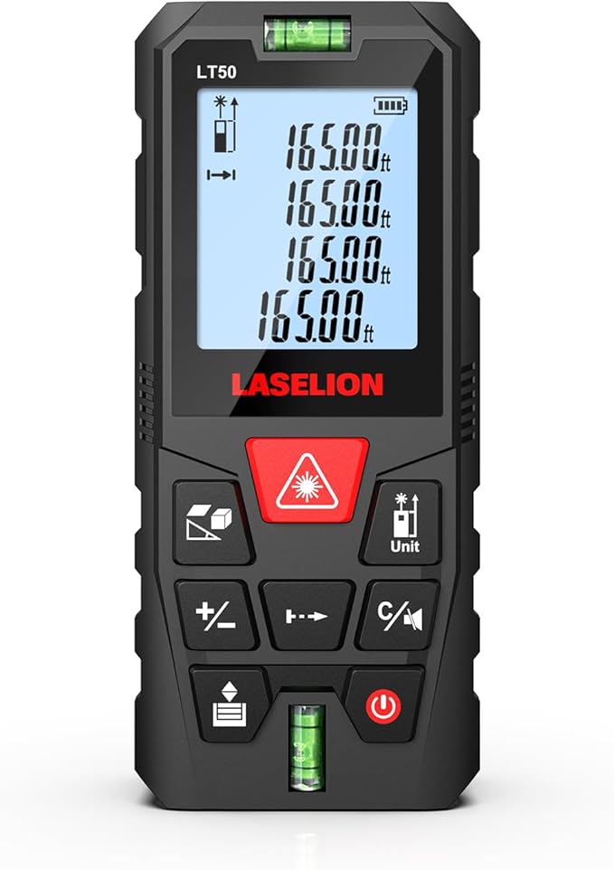 LT50 Laser Distance Meter – 50m (165ft) Range, High Accuracy, Multiple Measurement Modes, Built-in Level Bubble, and Mute Function Handle Laser Distance Measurement Tool