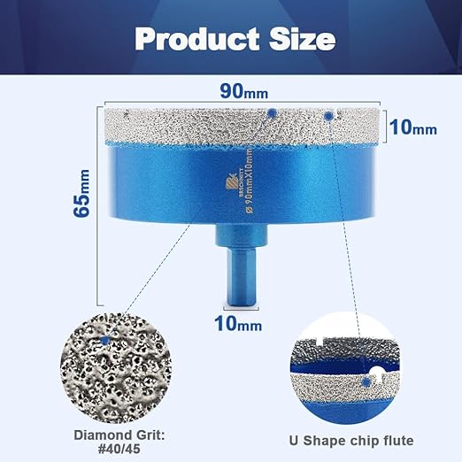 Dry Diamond Core Drill Bit,BRSCHNITT 90mm Diamond Hole Saw Core Drill Bit with Triangle Shank for Porcelain Tile Ceramic Stone Granite Marble