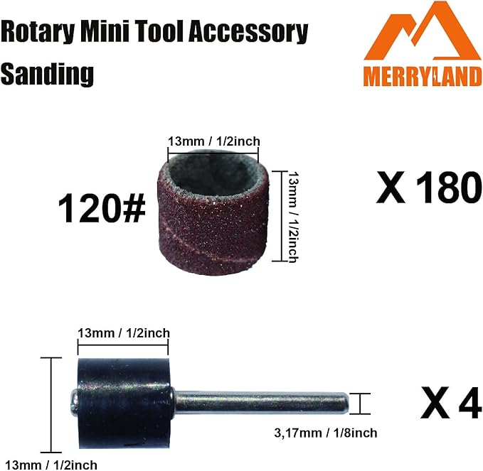 Merryland Drum Sander Sanding Band for Dremel 184pcs, 120# 1/2" Sanding Sleeve 180pcs and Mandrel 4pcs Rotary Tool, Electric Power Tool Accessory DIY, RMTA184C3