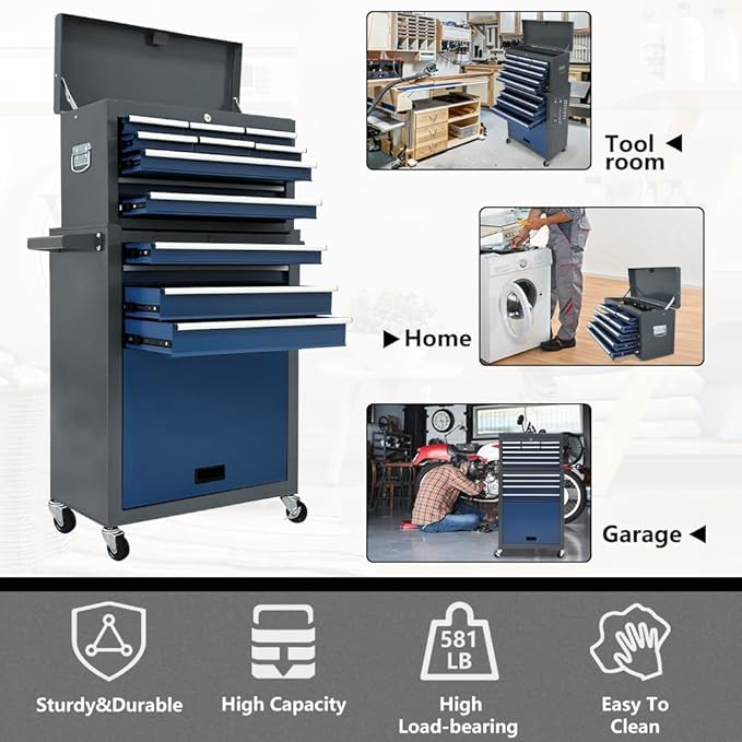 Rolling Tool Chest,13-drawer Tool Box Organizer with Wheels,Large Tool Storage Cabinet with Sliding Drawers,High Capacity Tool Chest with Locking System (Blue＆Grey)