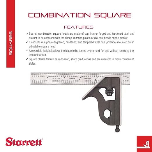 Starrett Steel Combination Square with Square Head - 6" Blade Length, Cast Iron Heads, Hardened Steel, Reversible Lock Bolt, Scriber, Spirit Level, 4R Graduation Type - 11H-6-4R