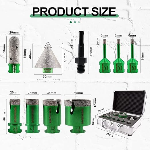 Diamond Core Drill Bits Kit - 7pcs 6/6/6/20/25/35/50mm+1pc 2" Beveling Chamfer Bit+1pc 3/4" Diamond Finger Milling Bit+SDS Adapter to 5/8-11" Thread for Porcelain Ceramic Tile Granite Marble