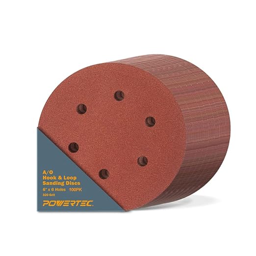 POWERTEC 320 Grit, 100 PK, 6 Inch Sanding Discs – Hook and Loop, 6-Hole Aluminum Oxide Orbital Sander Pads, Woodworking Round Sandpaper for Random Orbital, Air, Pneumatic & DA Sanders (45232-P4)