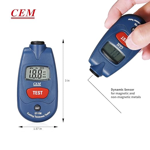 CEM Paint Thickness Gauge,Car Boat Coating Tester with Calibration Plates&Battery,Fe/NFe Automatic Recognition Portable Digital Thickness Meter Detector,Backlight LCD Display,Auto Power Off&Lanyard