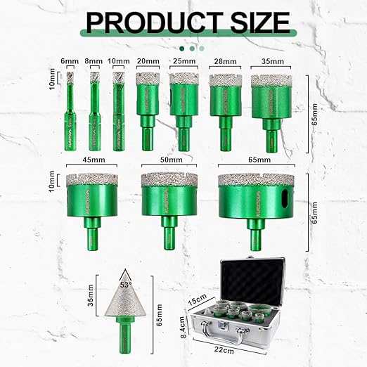Diamond Core Drill Bit Kit - 6/8/10/20/25/28/35/45/50/65mm Triangle Shank +35mm Hex Shank Beveling Chamfer Bit Tile Hole Saws for Dry Drilling Porcelain Ceramic Tile Granite Marble Stone