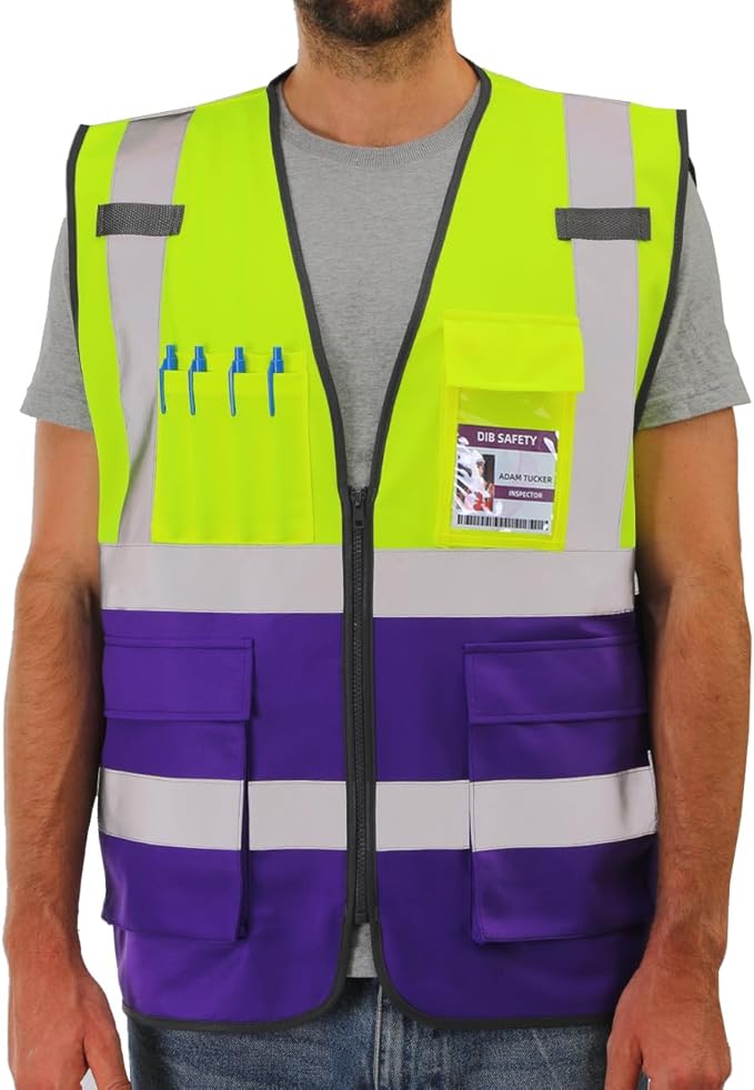 Dib Safety Reflective Vest High Visibility with Pockets and Zipper, Yellow and Purple S