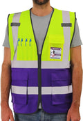 Dib Safety Reflective Vest High Visibility with Pockets and Zipper, Yellow and Purple M