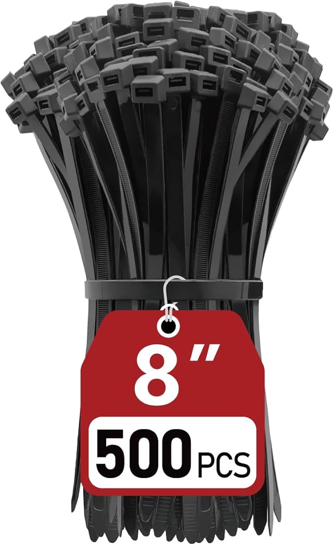 Zip Ties Heavy Duty 8 inch (500 Pack), Heavy Duty Cable Ties with 120 lb Tensile Strength for Outdoor Use, Black Wire Ties, Paloka
