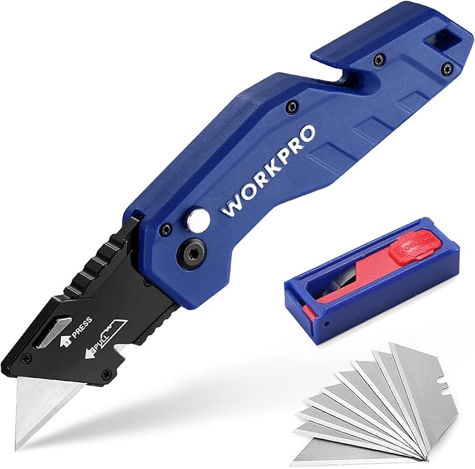 WORKPRO Folding Utility Knife, Box Cutter with Belt Clip, Quick-Change Blade, Lightweight Nylon Handle, Wire Stripper & Gut Hook, Extra 10 SK5 Blades Included, Blue