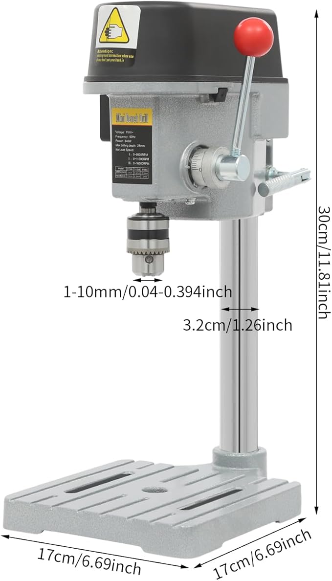 Mini Drill Press 3-Speed Electric Drill Press Bench 1-10mm Clamp Benchtop Drill Press Chuck 340W 110V Tabletop Drilling Machine for Metal Wooden Jewelry DIY and Crafts