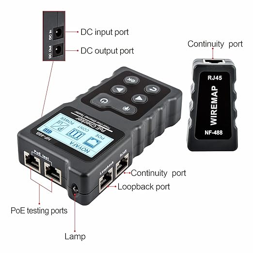 NOYAFA NF-488 POE Cable Tester for Power Over Ethernet, Network Cable Continuity Checking, Switch Loop-Back POE Detector