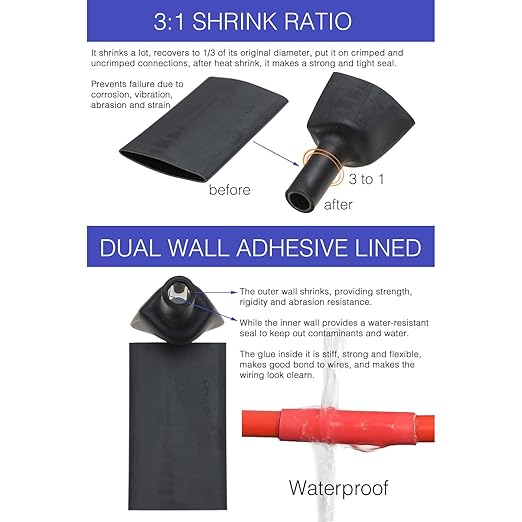 74PCS 1 3/4 5/8 1/2 3/8 Inch 3:1 Heat Shrink Tubings Assortment Kit Heavy Duty Dual-Wall Adhesive Lined Waterproof Marine Grade Black
