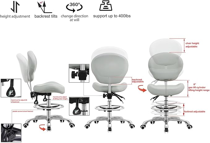 Kaleurrier Adjustable Stools Drafting Chair with Backrest & Foot Rest,Tilt Back,Swivel Seat,Rolling Wheels,for Studio,Dental,Office,Salon and Counter,Armless Tall Home Desk Chairs (Grey)