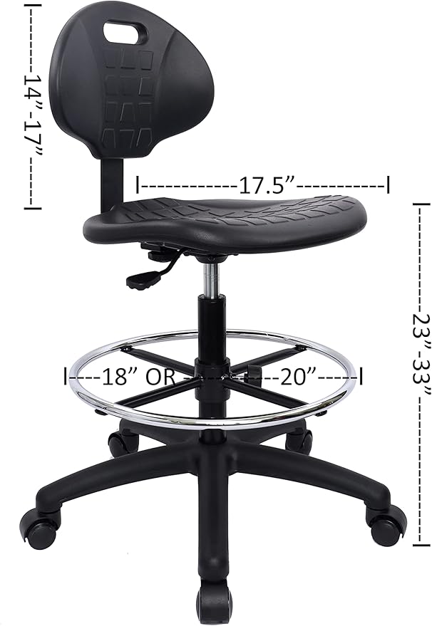 Chair Master (Tall Bench Stool, Self Braking Casters Easy to Clean! Ergonomic Polyurethane Drafting Stool. Seat Height Range 23"-33". Home Office Lab Workstation.
