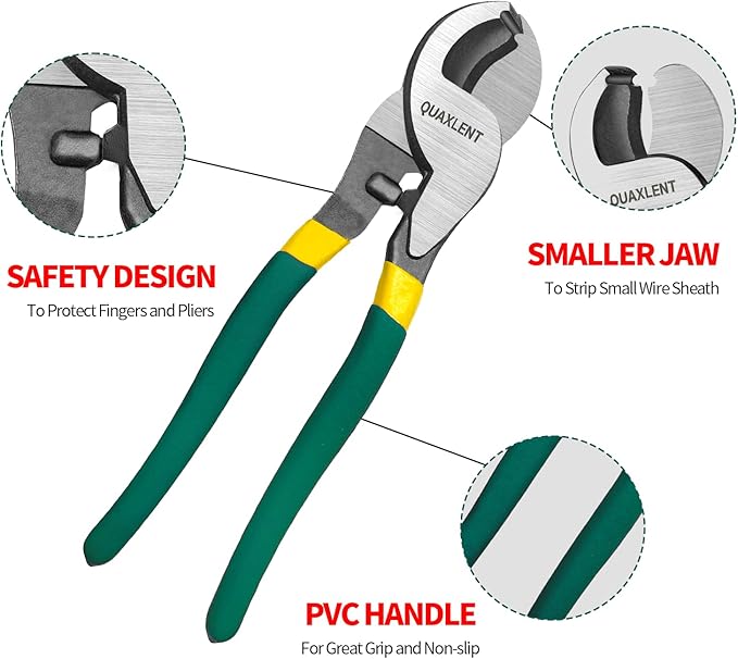 10 Inch Large Cable Cutter Heavy Duty High Leverage Big Wire Cutting Plier Tool for 4/0 Aluminum 2/0 Soft Copper and 100PR 24AWG Comm Cable, Green