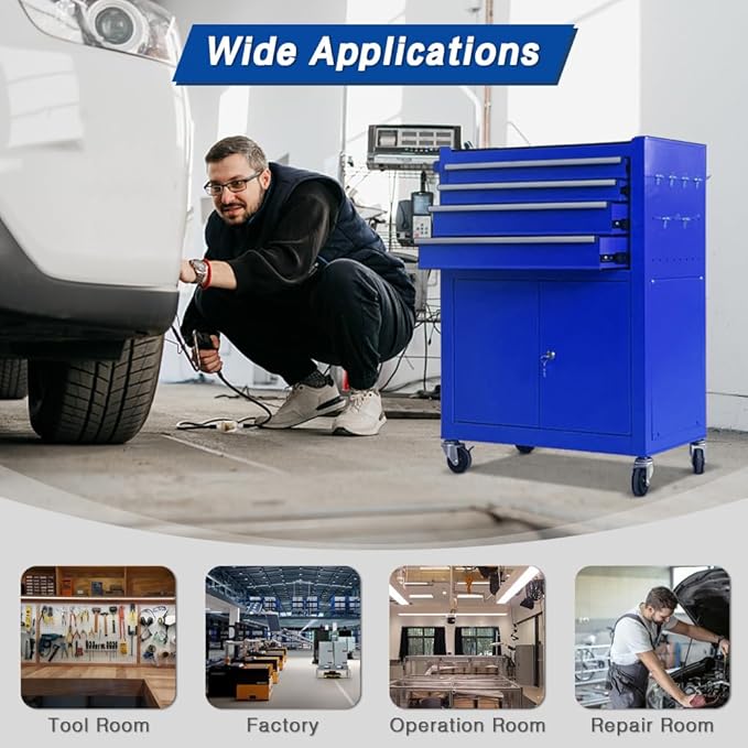13-Drawer Tool Chest with Double Door and Wheels, Large Detachable Tool Box with Sliding Drawers, Mechanic Toolbox Storage Cabinets, Metal Tool Cart for Garage Workshop (Blue)