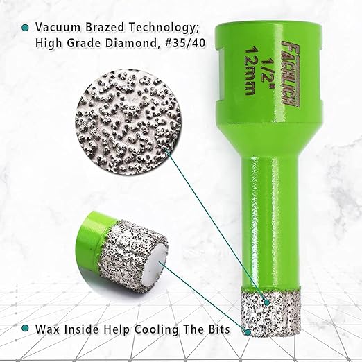 Diamond Core Drill Bit,2pcs 1/2 inch 12mm Thread 5/8-11,Vacuum Brazed Dry Wet Hole Saw for Porcelain Tile,Granite,Marble,Concrete,Masonry,Brick