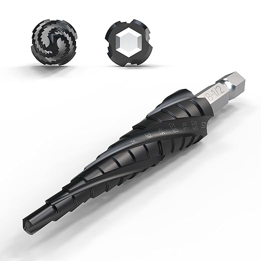Four Spiral Flute Step Drill Bit, 1/8" - 1/2"(13 Sizes) 1/4" Hex Shank Cobalt Step Drill Bit Fully Coated with TiAlN for Metal, Stainless Steel, Aluminum, Plastic
