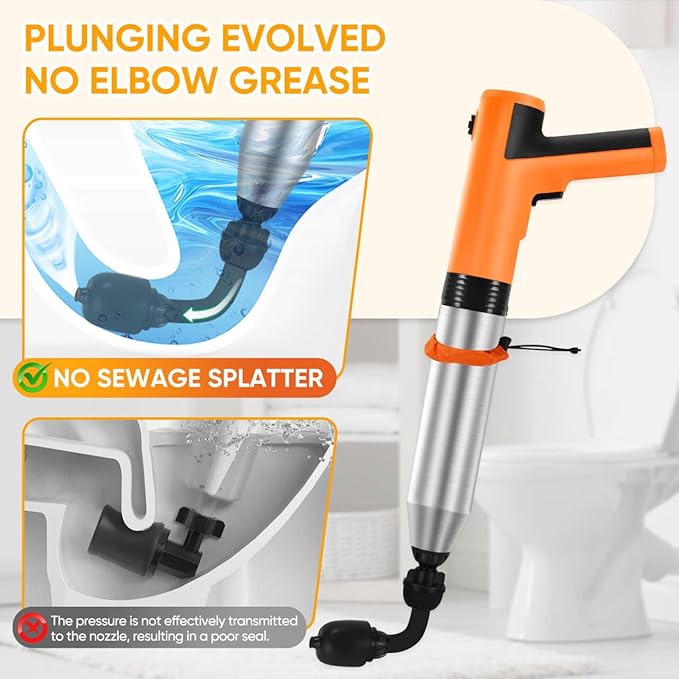 Electric Toilet Plunger, High Pressure Toilet Snake Drain Clog Remover, Splash-Free Unclogger with Drain Snake Auger, Plungers for Bathroom Heavy Duty, Versatile Air Blaster Unclogger Kit (Orange)
