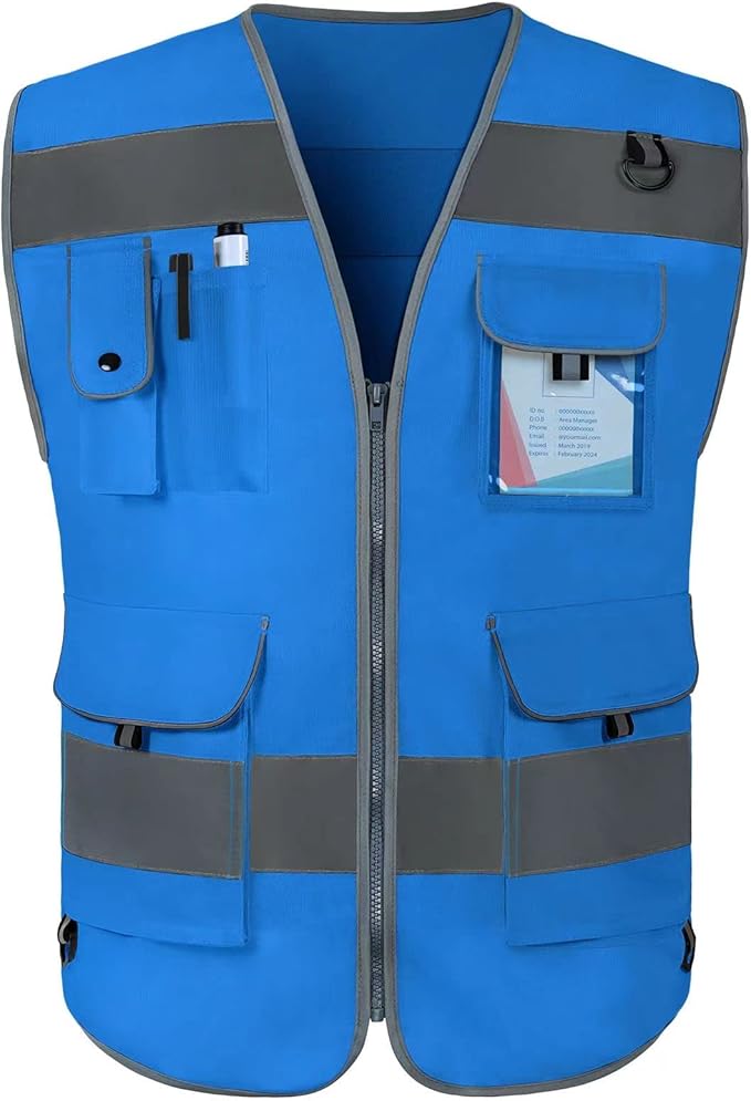 TCCFCCT High Visibility Safety Vest for Men Women 9 Pockets Hi Vis Reflective Vest for Safety, Work Vest with Reflective Strips, Meets ANSI/ISEA Standards, (Blue, 4X-Large)