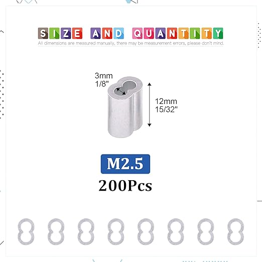 Glarks 200Pcs 3/32''(2.5mm) Aluminum Crimping Loop Sleeve Wire Rope Sleeves Double Barrel Ferrule for Wire Rope and Cable Line End (3/32''-200Pcs)