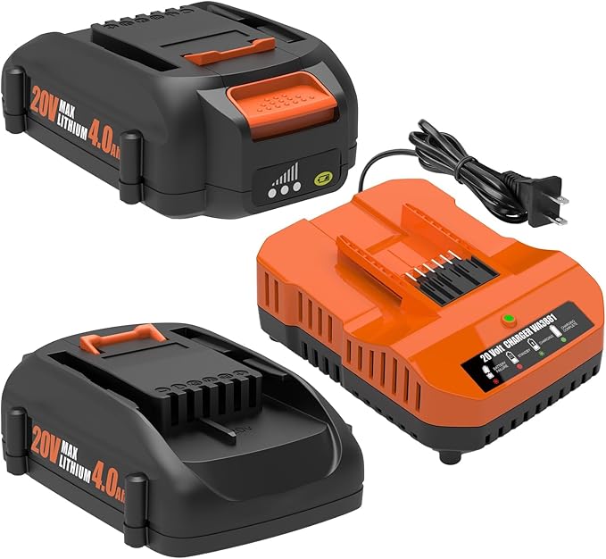 2-Pack 20V 4.0Ah Battery and Charger Combo Replacement for Worx WA3520, WA3525, WA3575, WA3578, WA3669, WA3732, WA3875, WA3881 – Compatible with 20 Volt Powershare Power Tools