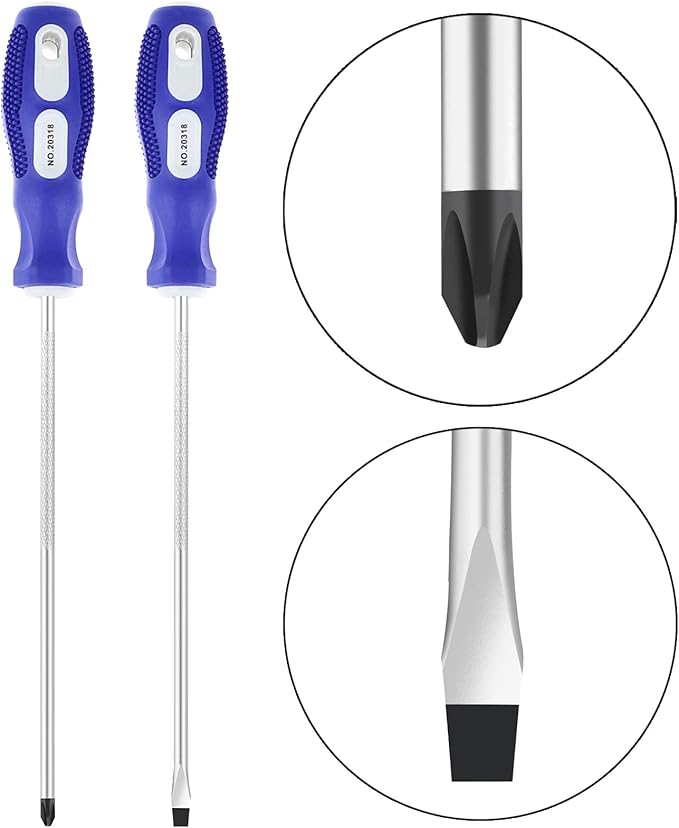 Slotted and Phillips Screwdriver PH2 8" Long Cross-head & Flat Blade, 2 Packs Magnetic Screwdriver with Rubber Handle, With Magnetizer/Demagnetizer Tool